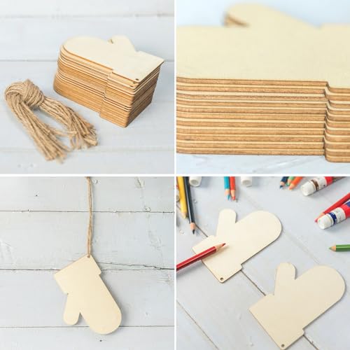 Christmas Mitten Wooden Christmas Blank Wood with Twines Art Unfinished Ornaments for Christmas Wedding Birthday Party Christmas Thanksgiving Day Zontween