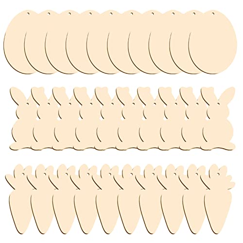 Easter Wooden Ornaments, 30 Pack Unfinished Wood Easter Egg Bunny Carrot Cutouts for DIY Crafts Easter Hanging Embellishments for Easter Party ONTODEX