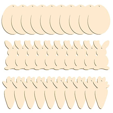 Easter Wooden Ornaments, 30 Pack Unfinished Wood Easter Egg Bunny Carrot Cutouts for DIY Crafts Easter Hanging Embellishments for Easter Party ONTODEX