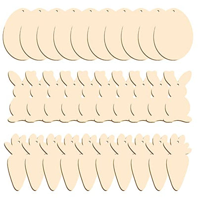 Easter Wooden Ornaments, 30 Pack Unfinished Wood Easter Egg Bunny Carrot Cutouts for DIY Crafts Easter Hanging Embellishments for Easter Party