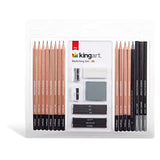 KINGART Pro Artist Sketching and Drawing Pencil Kit, Pencils, Charcoal & Graphite Sticks, Erasers, Sharpeners, All Skill Levels, 26 pc. KINGART
