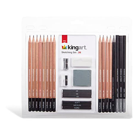 KINGART Pro Artist Sketching and Drawing Pencil Kit, Pencils, Charcoal & Graphite Sticks, Erasers, Sharpeners, All Skill Levels, 26 pc. KINGART