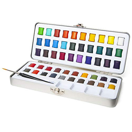 ARTISTIK Watercolor Paint Set - 50 Colors in Half Pan Palette and Portable Metal Tin - Assorted Vivid Color Paints with Paint Brush for Kids, ARTISTIK