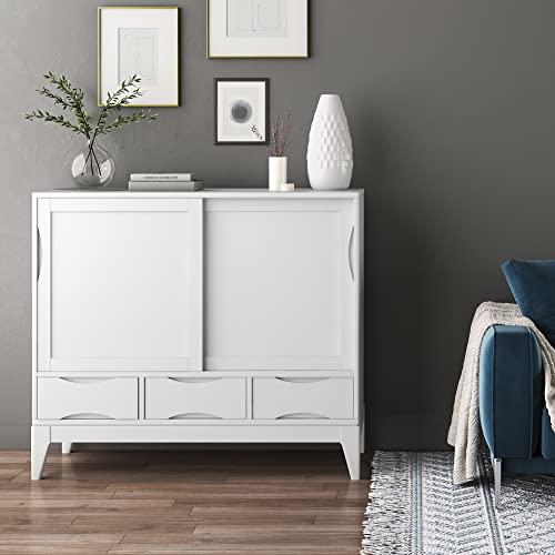 SIMPLIHOME Harper SOLID HARDWOOD 48 Inch Wide Mid Century Modern Medium Storage Cabinet in White, For the Living Room, Entryway and Family Room - WoodArtSupply