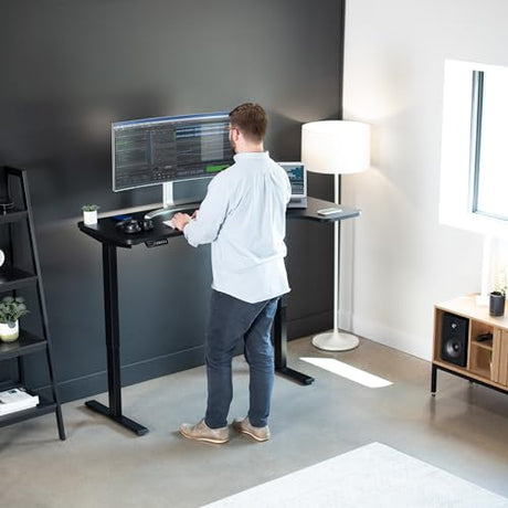 VIVO Electric Height Adjustable L Shaped 58 x 35 inch Corner Standing Desk, Black Reversible Table Top, Black Frame, Workstation with Memory Control VIVO