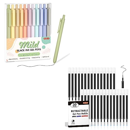 Shuttle Art School & Work Supplies Bundle, 11 Pack Mild Gel Ink Pens in black ink, 0.5mm Tip + 30 Pack Black Retractable Gel Pen Refills 0.7mm for Shuttle Art