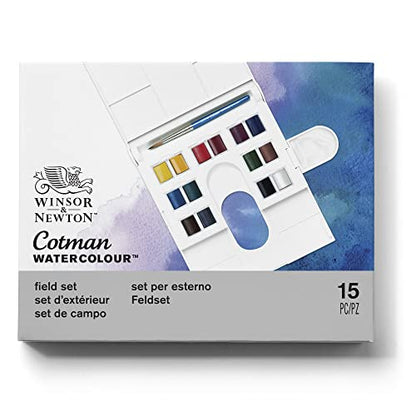 Winsor & Newton Cotman Watercolor Paint Set, Field Set, 14 Half Pan w/ Brush, Mixing Palette, Multicolor, 15 Piece Set