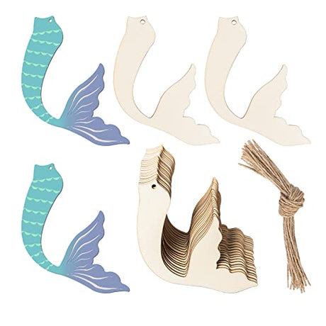 Unfinished Mermaid Tail Shaped Wood Tag Hanging Wood Cutout Blank Wood Slices Wooden Gift Tags with Twine for Beach & Nautical Decor Christmas Zontween