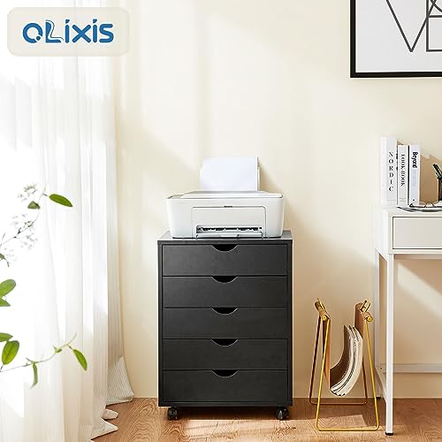 OLIXIS 5 Drawer Chest Wood File Cabinet Rolling Storage Dresser with Wheels for Home Office, Black - WoodArtSupply