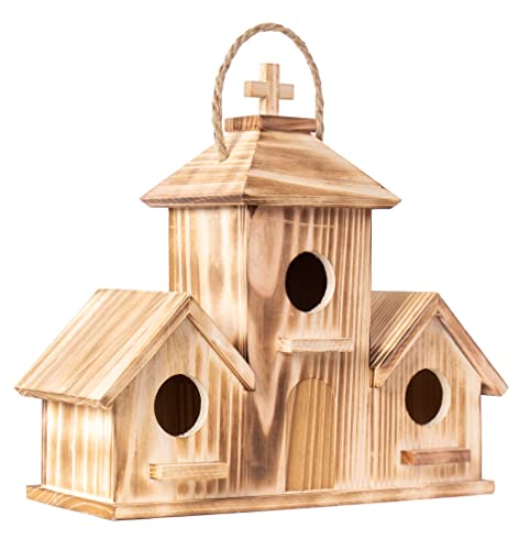 MIXUMON Bird Houses for Outside, Outdoor 3 Hole Bird House Room for 3 Bird Families Bluebird Finch Cardinals Hanging Birdhouse for Garden (Style 3)