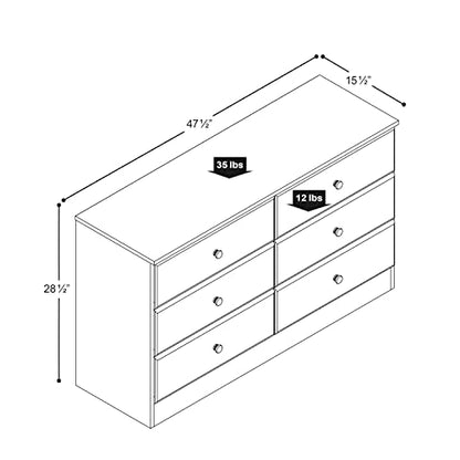 Prepac Astrid 6 Drawer Double Dresser For Bedroom, 16" D x 47.25" W x 28.25" H, Black - WoodArtSupply