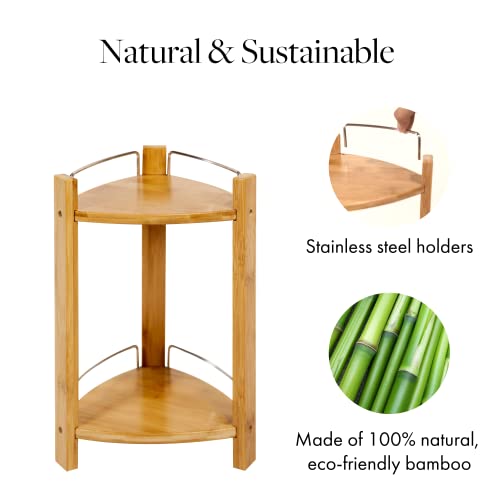 GOBAM Bamboo Shower Corner Caddy, Medium - 2 Tier Standing Shower Stand for Shampoo, Conditioner, Lotion, Soap - Caddy Organizer for Kitchen, GOBAM