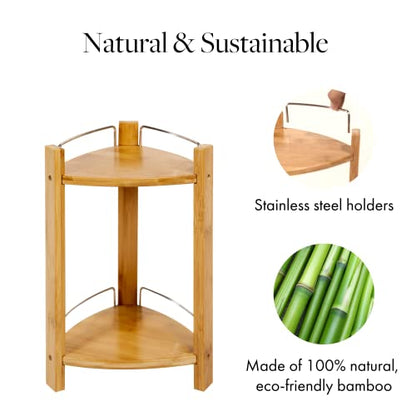 GOBAM Bamboo Shower Corner Caddy, Medium - 2 Tier Standing Shower Stand for Shampoo, Conditioner, Lotion, Soap - Caddy Organizer for Kitchen,