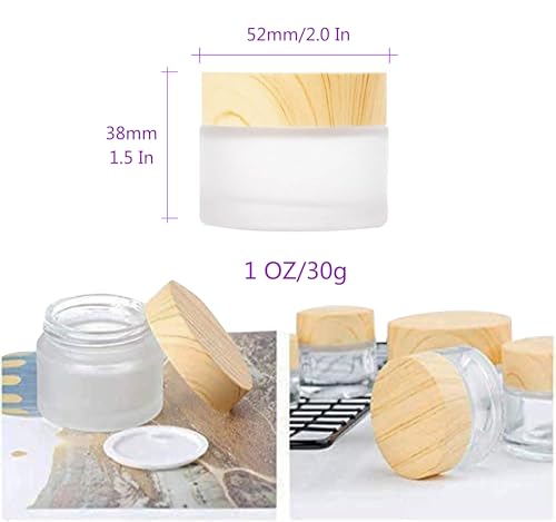 Healthcom 12 Packs 1 Oz Empty Jars 30ml Round Frosted Glass Cream Jar Bottles Holder with Wood Grain Lids Refillable Case Vial Pot Cosmetic Container Healthcom