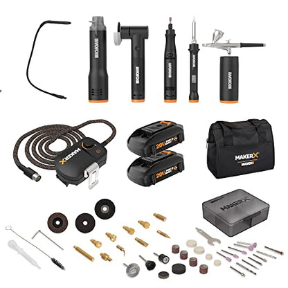 Worx WX996L MAKERX 6 Tool Kit: Rotary Tool, Wood & Metal Crafter, Air Brush, Heat Gun, Grinder and LED Flex Light in Carry Bag - WoodArtSupply