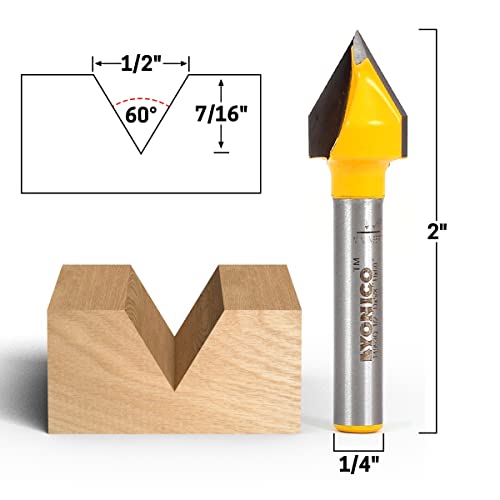 YONICO Router Bits V Groove 60 Degree X 1/2-Inch Diameter 1/4-Inch Shank 14993q - WoodArtSupply