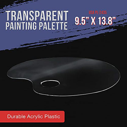 U.S. Art Supply 9.5" x 13.8" Clear Oval-Shaped Acrylic Painting Palette - Transparent Plastic Artist Paint Color Mixing Tray - Non-Stick, Easy Clean, - WoodArtSupply