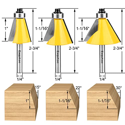 Exqutoo 3 Piece Chamfer Router Bit Set Kit, 1/4" Shank, 15, 22.5, 30 Degree Cutting Angle, 1" Cutting Length - WoodArtSupply