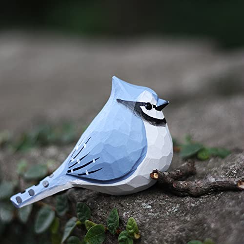 Hand Carved Wooden Bluejay Bird Figurine Wood Bird Statue Bird Scuplture for Shelf Decor - WoodArtSupply