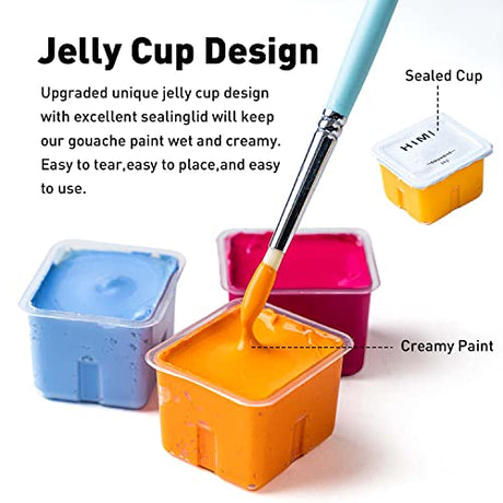 HIMI Gouache Paints set with 3 Paint Brushes, 24 Colors, 30g, Jelly Cup Design, Non Toxic Paint for Canvas and Paper, Art Supplies for Professionals HIMI