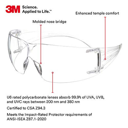 3M Safety Glasses, SecureFit, 1 Pair, ANSI Z87, Anti-Scratch, Clear Lens, Clear Frame, Secure Comfortable Fit