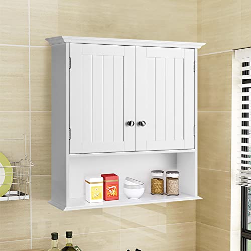 Tangkula Bathroom Wall Cabinet, Wooden Hanging Storage Cabinet with Doors & Shelves, Multipurpose Storage Cabinet for Bathroom Kitchen Living Room, Tangkula