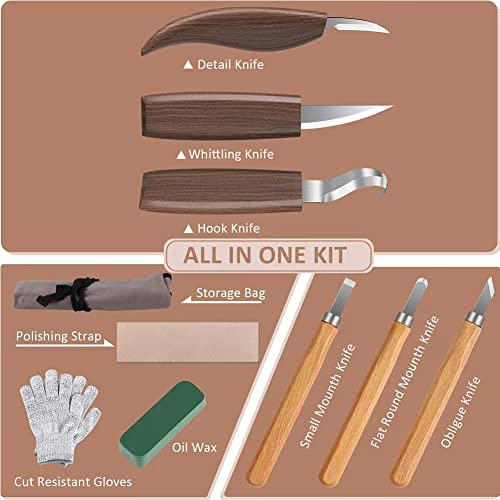 10pcs Wood Whittling Kit, Wood Carving Tools for Beginners with Hook Knife, Chip Knife,sloyd Knife, Gloves, 3pcs Carbon Steel Carving Knives.