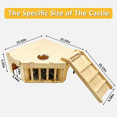 Hamiledyi Guinea Pig Castle Natural Wooden Rabbit House with Ladder and Hay Feeder Chinchilla Multi Chamber Hideaway Small Animal Hideout House for Hamiledyi