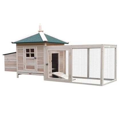 PawHut 77" Wooden Chicken Coop with Nesting Box, Cute Outdoor Hen House with Removable Tray, Ramp Run, for Garden Backyard, Natural - WoodArtSupply