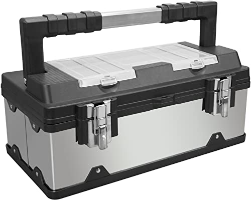 BIG RED A5519BR Torin 19" Stainless Steel and Plastic Portable Storage Tool Box Organizer with Metal Lock, Multiple Compartments, Clear Lid and BIG RED