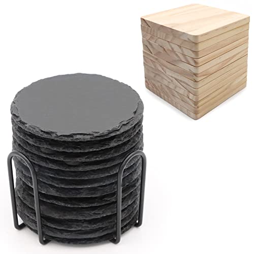 24 Pack Drink Coasters Set, SIJDIEE 4 Inch Round Slate Stone Drink Coasters with Square Blank Wood Craft Coasters for DIY Painting Wood Engraving SIJDIEE