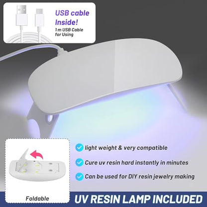 Tamkudoy UV Resin Kit with Light, Crystal Clear UV Epoxy Resin Kit with UV Lamp, UV Resin Molds Starter Tools Set for Resin Clear Necklace Bracelet