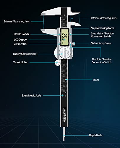 Housolution Digital Caliper, (ABS) Absolute Scale Caliper 6", IP54 Electronic Measuring Tool, Inch/MM/Fraction, Auto-Off LCD Stainless Steel Housolution