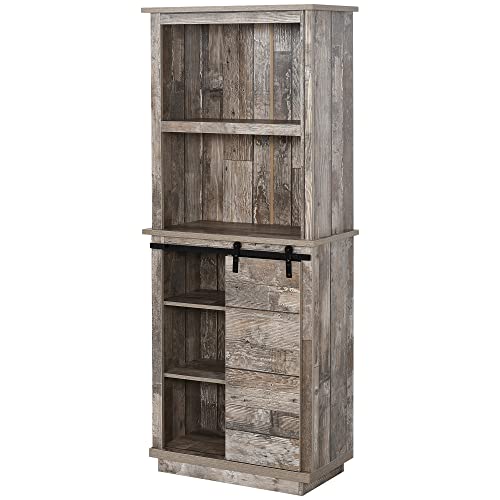 HOMCOM Freestanding Rustic Kitchen Buffet with Hutch, Pantry Storage Cabinet with Sliding Barn Door, Adjustable Shelf, Vintage Wood - WoodArtSupply