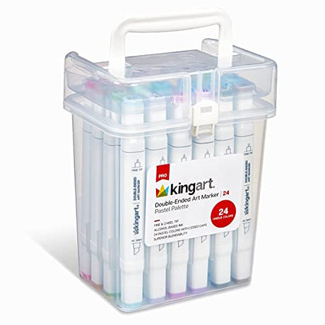 KINGART, Pastel Color Palette, Chisel & Fine Tip, Alcohol-Based Ink, Storage Case Double-Ended Sketch Markers, Assorted 24 Piece, (424-24B) KINGART