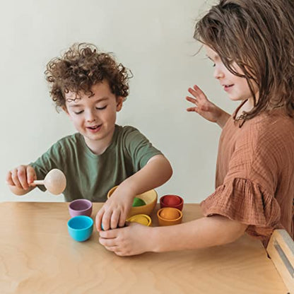 Montessori Large Rainbow Colored Sorting Ball in Cup | Preschool Color Matching Toy | Gross Motor Transfer Activity | 6 Toddler Safe Wooden Balls