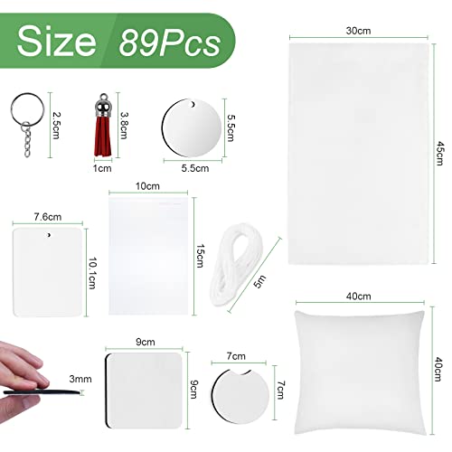 Ainiv 89PCS Sublimation Blanks Products Set, Sublimation Blank Car Coaster, Keychain with Tassel, Pillow Covers, Garden Flags, Air Freshener Sheets Ainiv