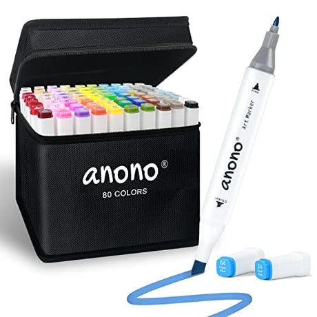 anono 80 Colors Alcohol Marker Dual Tip Marker Permanent Marker Set Artist Markers with Carry Bag for Kids Adults Coloring Drawing, White Penholder anono