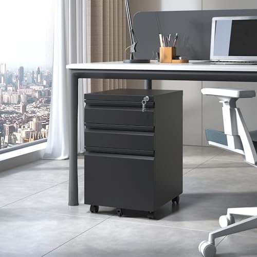 EKJ 3 Drawer Mobile File Cabinet, Black Metal Under Desk Filing Cabinets with Wheels, Locking Slim Vertical File Cabinet for Home Office, Fully - WoodArtSupply