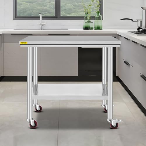 Mophorn Stainless Steel Work Table 36x24 Inch with 4 Wheels, Casters Heavy Duty Food Prep Worktable for Commercial Kitchen Restaurant