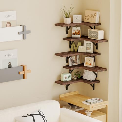Fixwal Corner Floating Shelves Set of 5, Wall Mounted Corner Shelf, Rustic Wood Wall Shelves for Bathroom, Kitchen, Bedroom, Home Decor, Laundry Fixwal