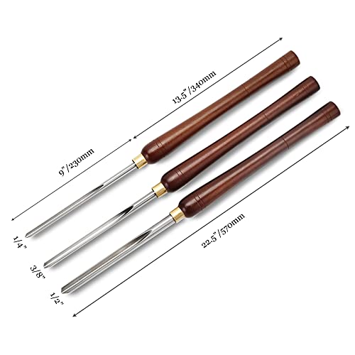 Woodturning Bowl Gouge Set, 3 Pieces 22.5” Wood Lathe Bowl Turning Tools, 1/4 Flute, 3/8 Flute, and 1/2 Flute, with High Speed Steel Blades, Beech