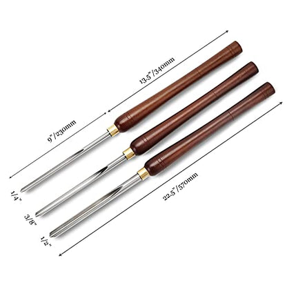 Woodturning Bowl Gouge Set, 3 Pieces 22.5” Wood Lathe Bowl Turning Tools, 1/4 Flute, 3/8 Flute, and 1/2 Flute, with High Speed Steel Blades, Beech