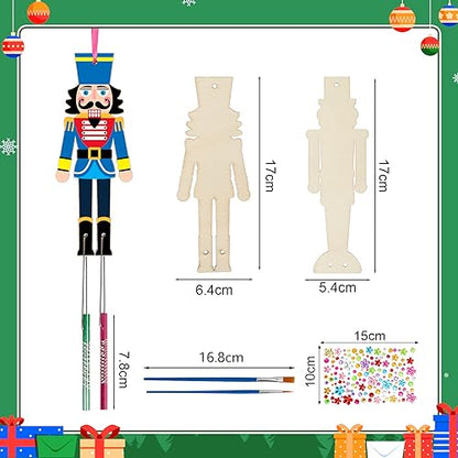 Fennoral 12 Pack Wooden Christmas Nutcracker Crafts for Kids Make You Own Nutcracker Wind Chime DIY Coloring Craft for Christmas Tree Hanging