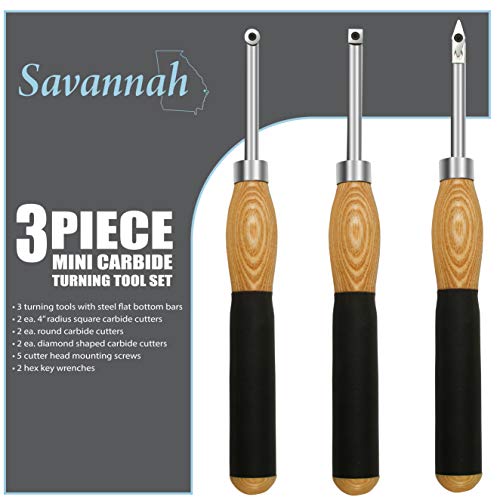 Savannah 3 Piece Carbide Mini Turning Tool Set with Flush Fit Comfort Grip Hardwood Handles | Steel Riveted Ferrules and 2 ea Round 2 ea 4 inch - WoodArtSupply