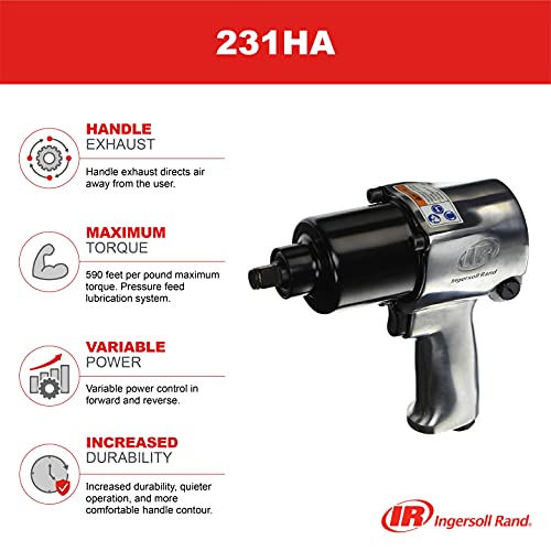 Ingersoll Rand 231HA 1/2" Drive Air Impact Wrench, Super Duty, 590 ft-lbs Max Torque Output, 8000 RPM, Adjustable Power Control, Pressure Fed - WoodArtSupply