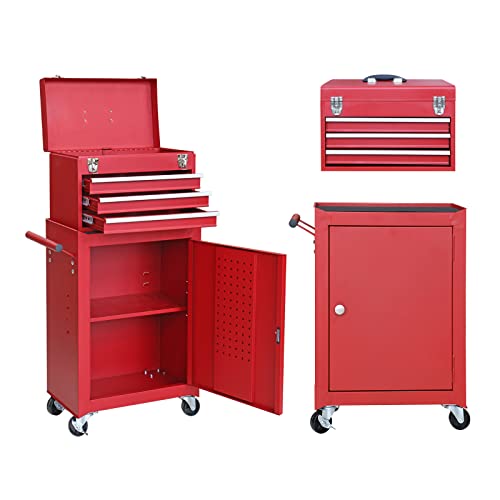 GSTANDARD APTB202R Torin Rolling Garage Workshop Tool Organizer: Detachable 3 Drawer Tool Chest with Large Storage Cabinet and Adjustable Shelf, Red