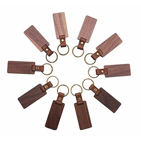 POVOKICI 10 Pack Blank Wood Keychain, Rectangle Walnut Keychains with Leather Strap, Personalized Key Tags for DIY Car Ornament Gift, Key Ring Gift POVOKICI