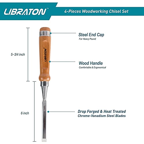 Libraton Woodworking Chisel Set, 4pcs Cr-V Wood Chisels Set, Professional Chisels with Leather Pouch for Carpenter, Christmas Gift for Man - WoodArtSupply