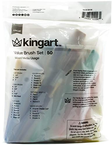 KINGART Mixed Media Brushes, Set of 50, Assorted Sizes, Good for All Projects KINGART